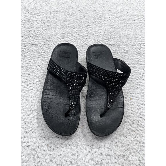 Women's Fitflops Black Shiny Studded Strap Wobble Board Flip Flop Size 8 - Picture 1 of 7